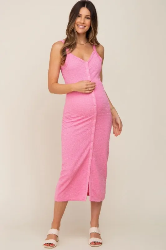 Pink Waffle Knit Snap Front Button Maternity Midi Dress sold by Pinkblush
