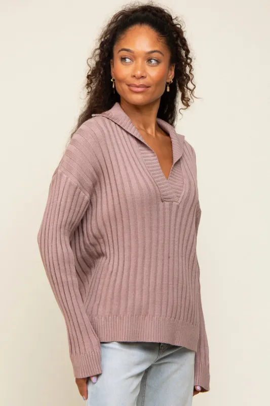 Mauve Ribbed Knit Collared Long Sleeve Top sold by Pinkblush