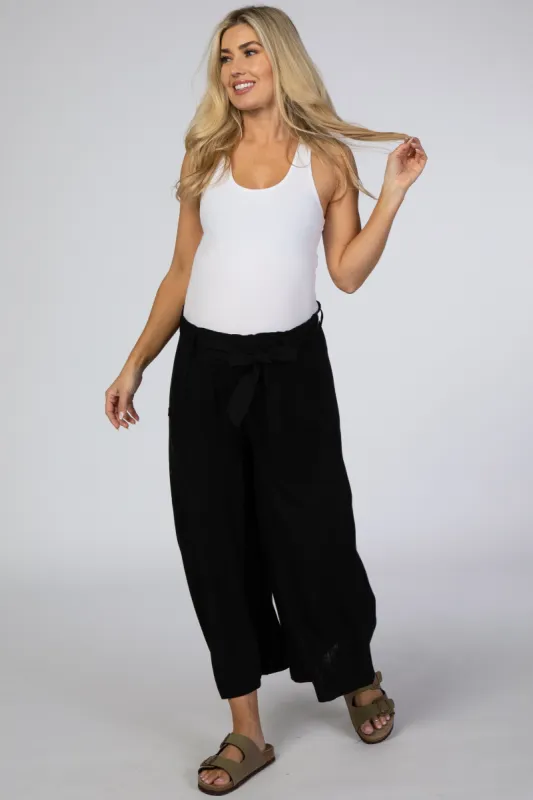 Black Linen Waist Tie Crop Wide Leg Maternity Pants sold by Pinkblush