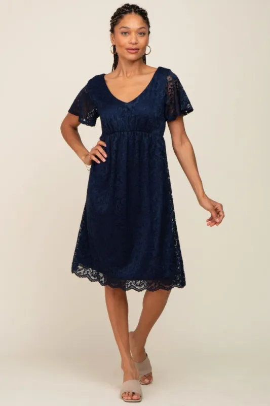 Navy Lace Knee Length Dress sold by Pinkblush