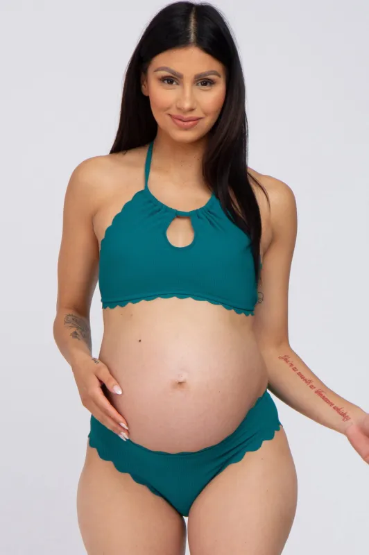 Jade Ribbed Scalloped Two-Piece Maternity Bikini Set sold by Pinkblush