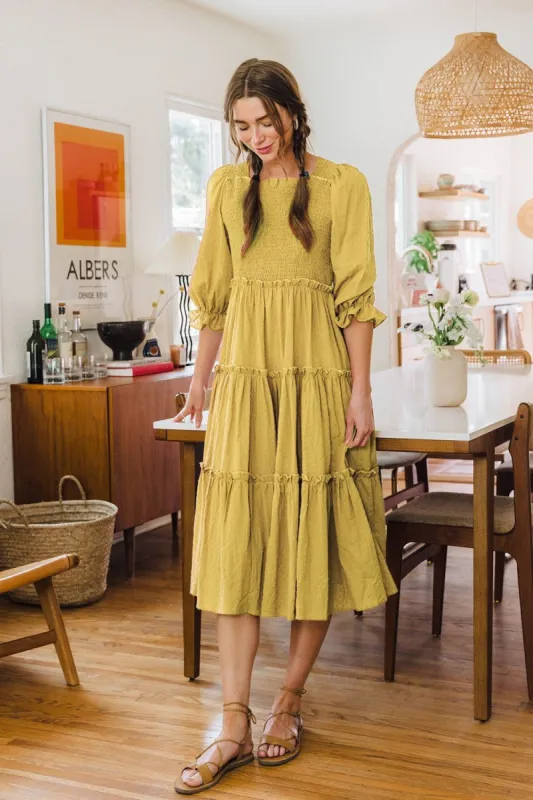 Golden Textured Smocking Bodice Tired Midi Dress sold by Pinkblush