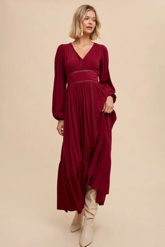Burgundy Lace Inset Maxi Dress sold by Pinkblush