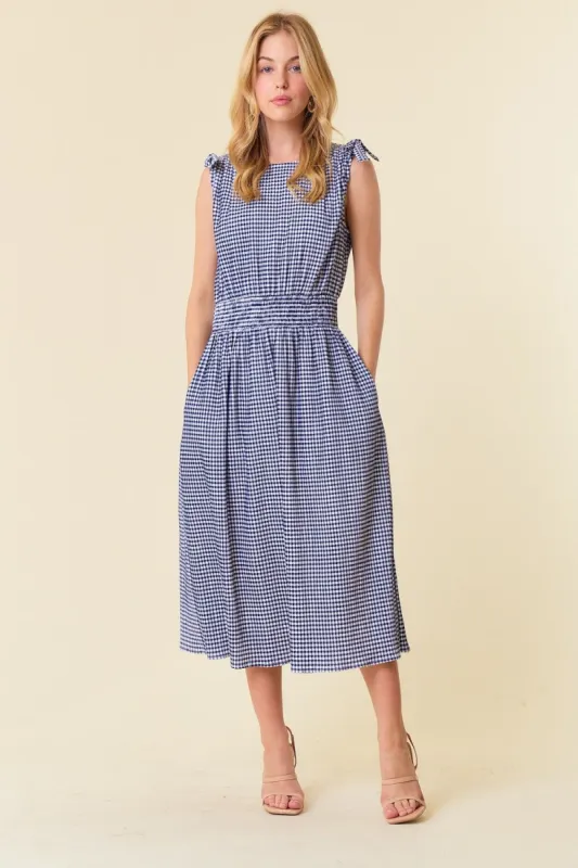 Navy Gingham Plaid Ruched Shoulder Midi Dress sold by Pinkblush