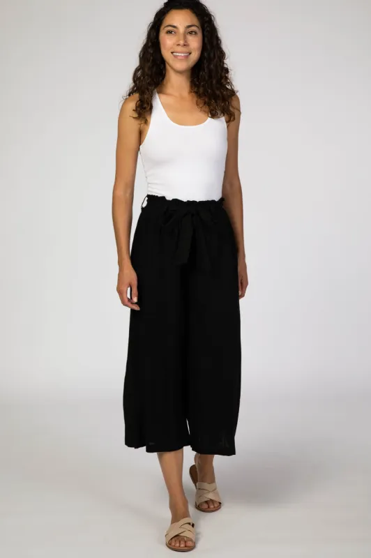 Black Linen Waist Tie Crop Wide Leg Pants sold by Pinkblush
