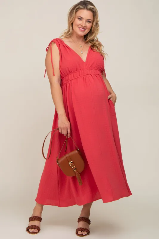 Magenta V-Neck Drawstring Shoulder Maternity Plus Midi Dress sold by Pinkblush