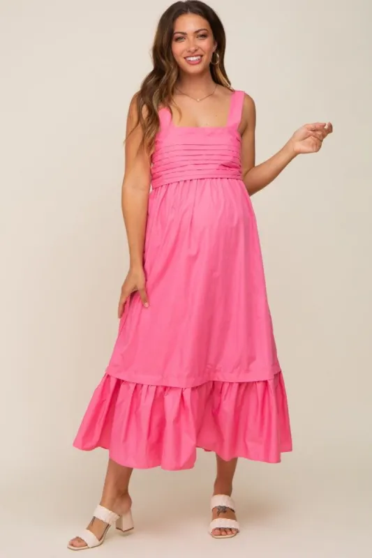Pink Pleated Back Tie Maternity Midi Dress sold by Pinkblush