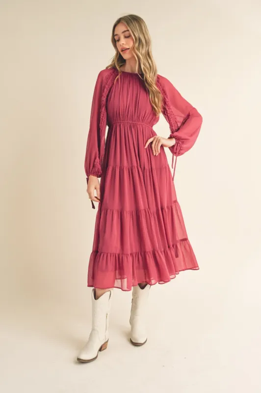 Magenta Tiered Ruffle Sleeve Midi Dress sold by Pinkblush