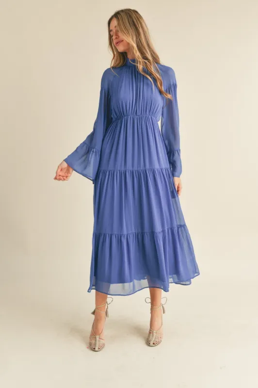 Blue Mock Neck Tiered Midi Dress sold by Pinkblush