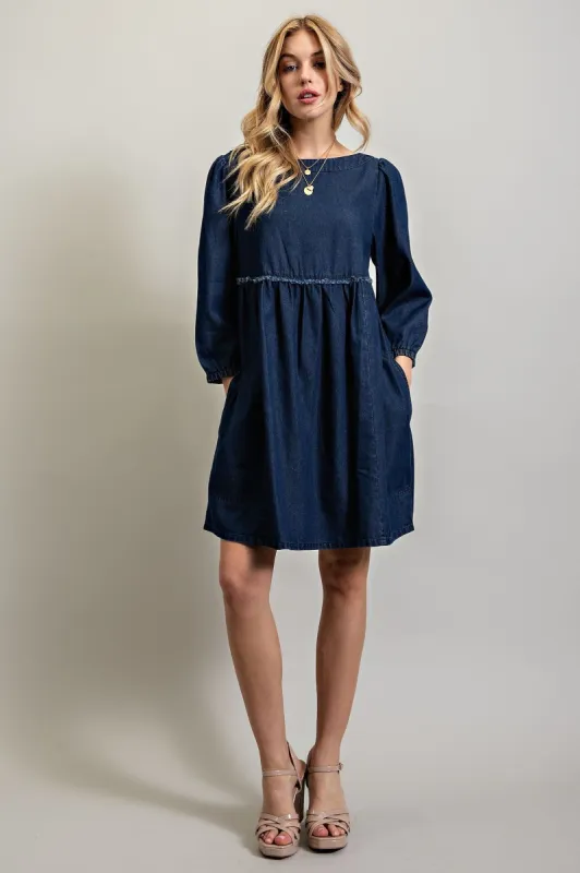 Dark Denim Obsessed Babydoll Denim Mini Dress sold by Pinkblush