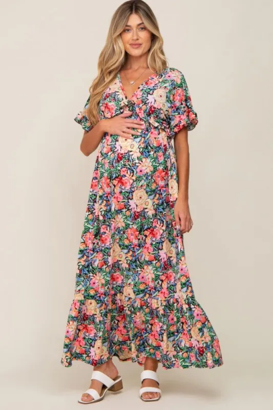 Black Multi-Color Floral Ruffle Maternity Maxi Dress sold by Pinkblush