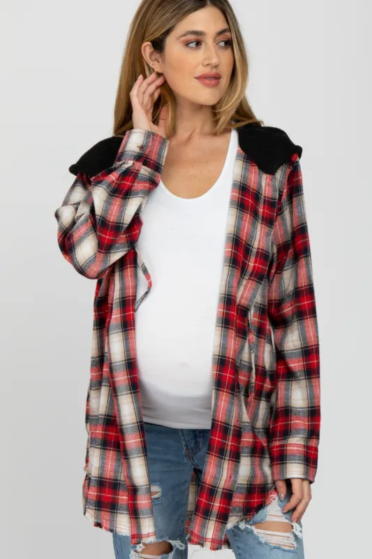 Red Plaid Button Front Fringe Hem Hooded Maternity Top sold by Pinkblush
