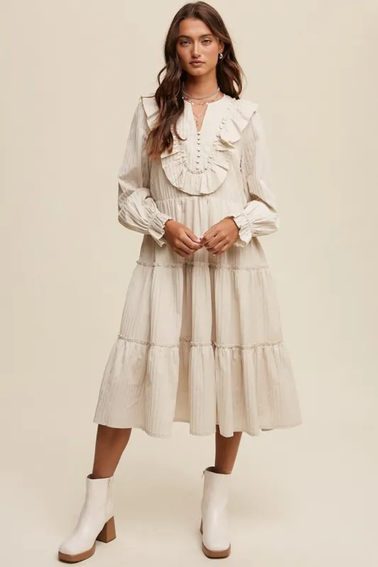 Champagne Ruffle Detail Tiered Long Sleeve Midi Dress sold by Pinkblush
