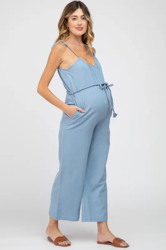 Blue Shoulder Tie Linen Maternity Jumpsuit sold by Pinkblush