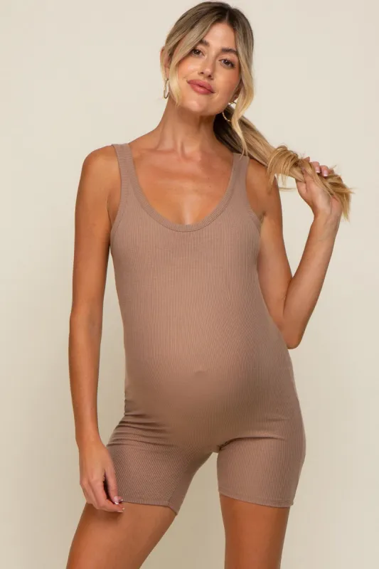 Taupe Sleeveless Ribbed Maternity Bodysuit sold by Pinkblush