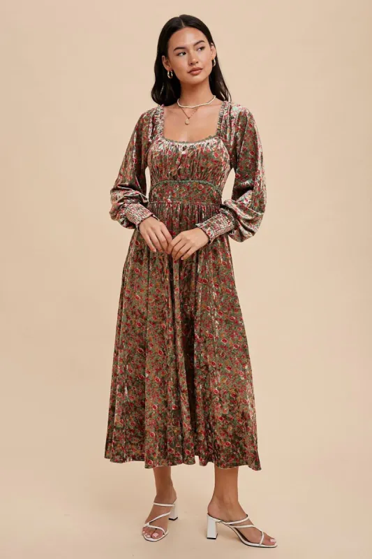 Emerald Floral Velvet Square Neck Midi Dress sold by Pinkblush