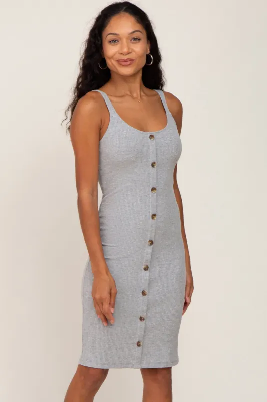 Grey Ribbed Sleeveless Button Front Dress sold by Pinkblush