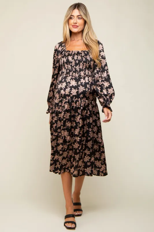 Taupe Floral Satin Smocked Tiered Maternity Midi Dress sold by Pinkblush