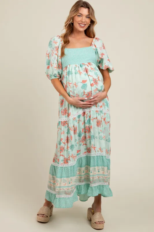 Mint Green Floral Gingham Lace Up Back Maternity Maxi Dress sold by Pinkblush