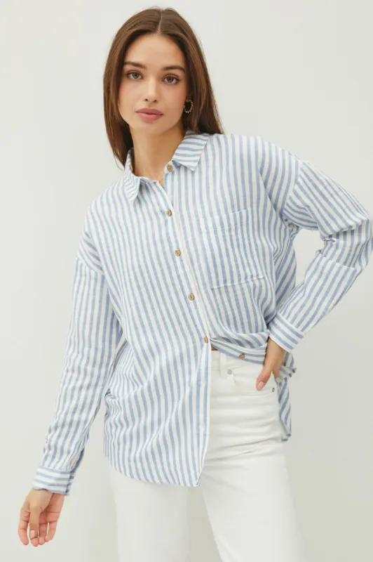 Blue Stripe Classic Drop Shoulder Button Down Shirt sold by Pinkblush