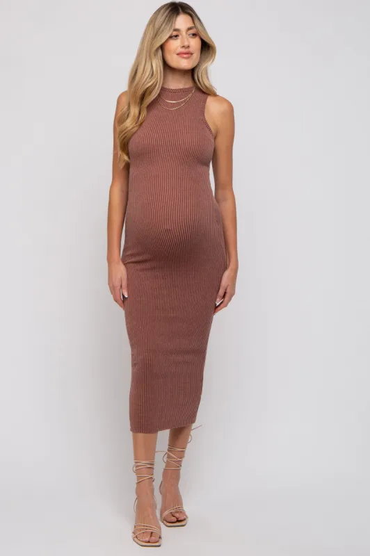 Mocha Ribbed Maternity Fitted Midi Dress sold by Pinkblush