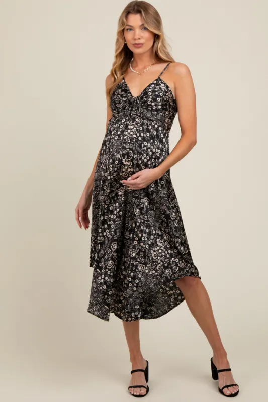 Black Floral Satin Front Tie Sleeveless Maternity Midi Dress sold by Pinkblush