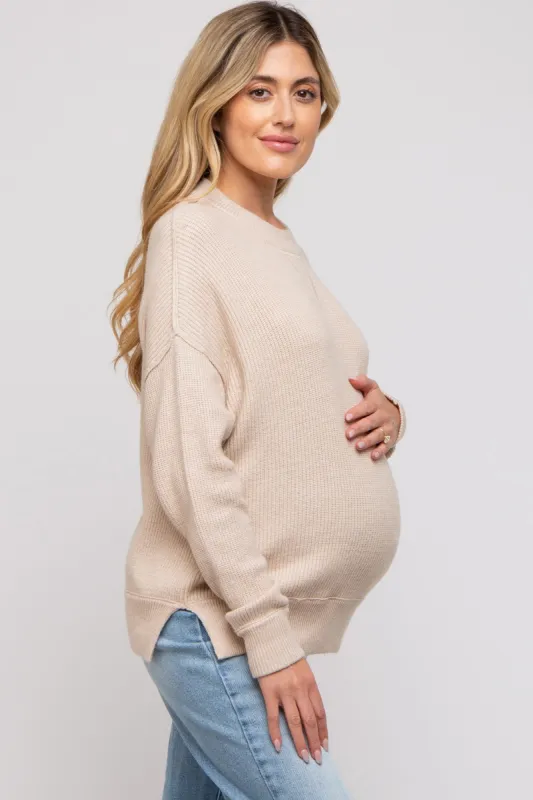 Beige Knit Side Slit Maternity Sweater sold by Pinkblush