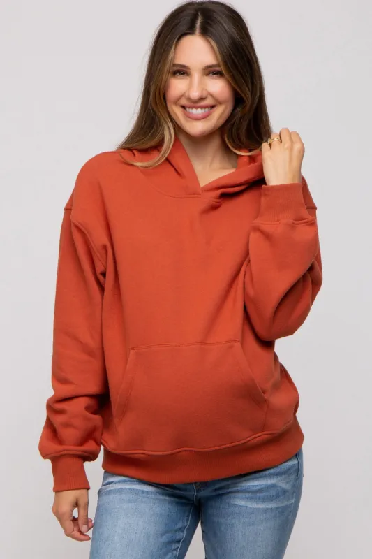 Rust Front Pocket Hooded Fleece Maternity Sweatshirt sold by Pinkblush