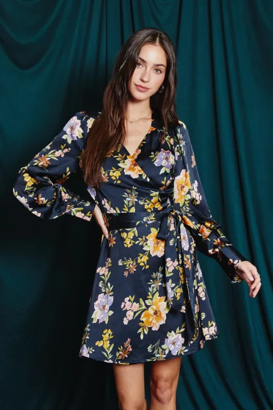 Midnight Garden Satin Floral Mini Wrap Dress sold by Pinkblush