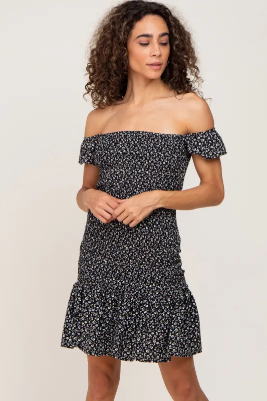 Black Ditsy Floral Smocked Mini Dress sold by Pinkblush