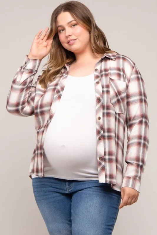 Rust Plaid Button Down Maternity Plus Top sold by Pinkblush