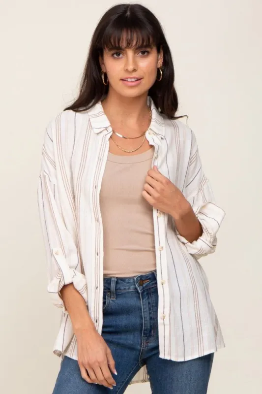 Ivory Mocha Striped Linen Button Down Shirt sold by Pinkblush