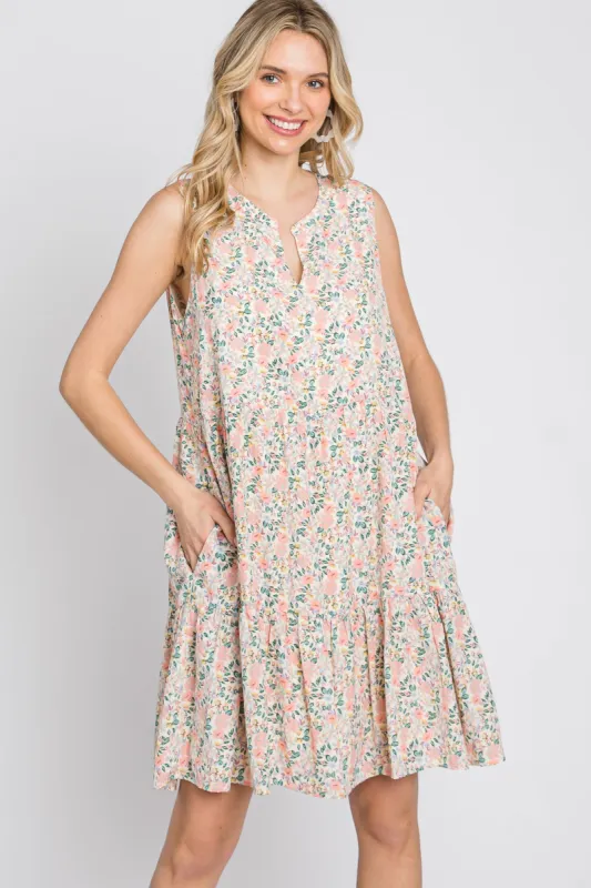 Cream Floral Tiered Sleeveless Dress sold by Pinkblush