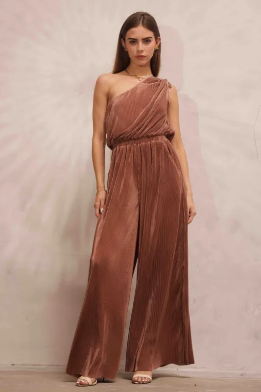 Dark Bronze Asymmetric Pleated Jumpsuit sold by Pinkblush