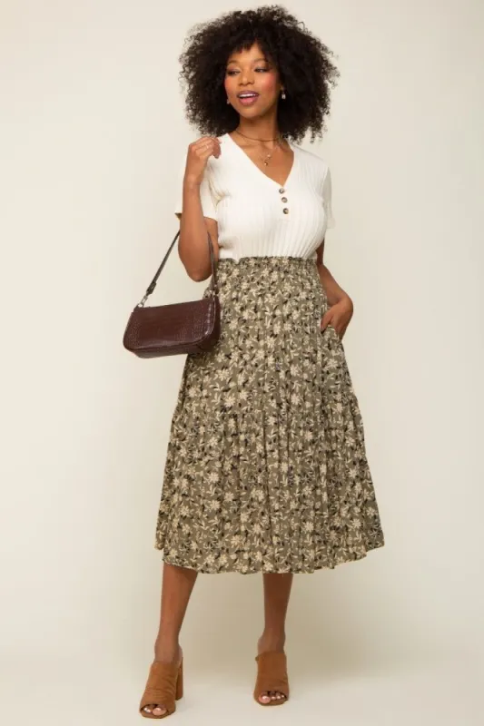 Olive Floral Smocked Midi Skirt sold by Pinkblush