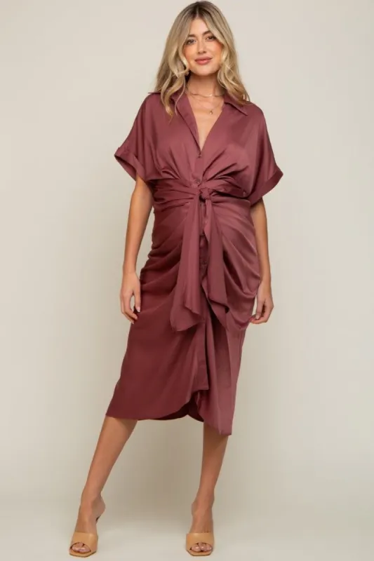 Mauve Satin Button Down Gathered Maternity Midi Dress sold by Pinkblush