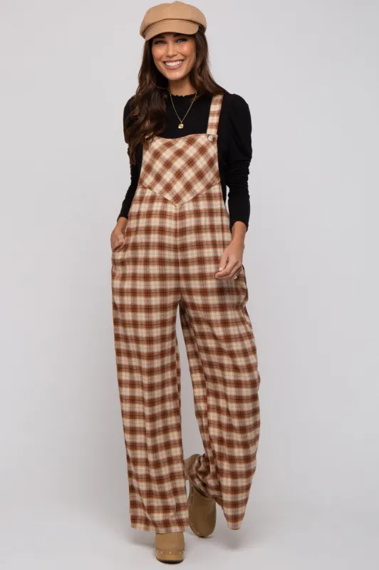 Camel Plaid Button Front Wide Leg Maternity Overalls sold by Pinkblush