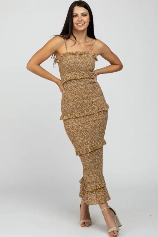 Mustard Leaf Print Smocked Fitted Midi Dress sold by Pinkblush