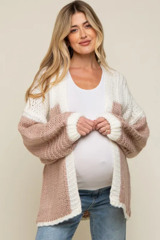 Mauve Color Blocked Chunky Knit Oversized Maternity Cardigan sold by Pinkblush