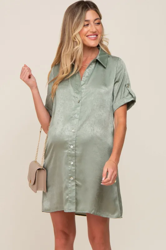 Light Olive Satin Button Front Short Sleeve Maternity Dress sold by Pinkblush