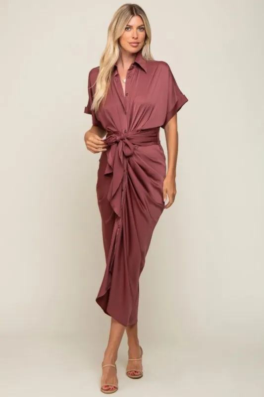 Mauve Satin Button Down Gathered Midi Dress sold by Pinkblush