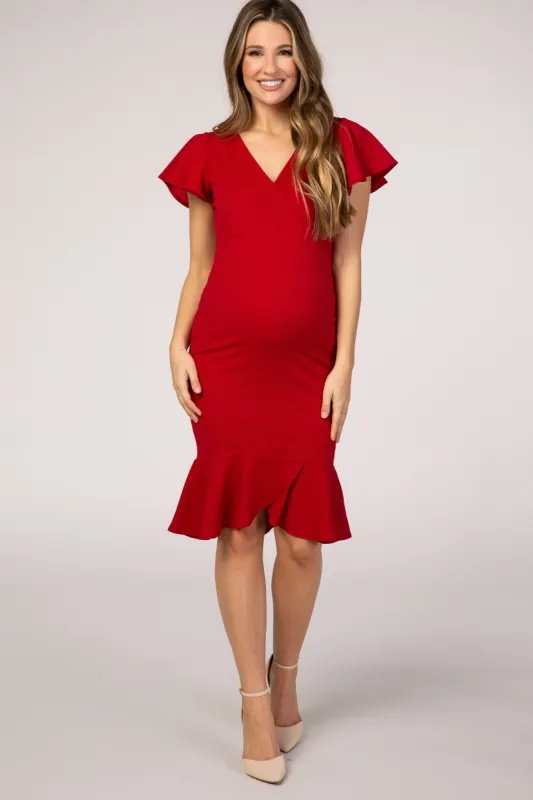 PinkBlush Red Ruffle Accent Fitted Maternity Wrap Dress sold by Pinkblush
