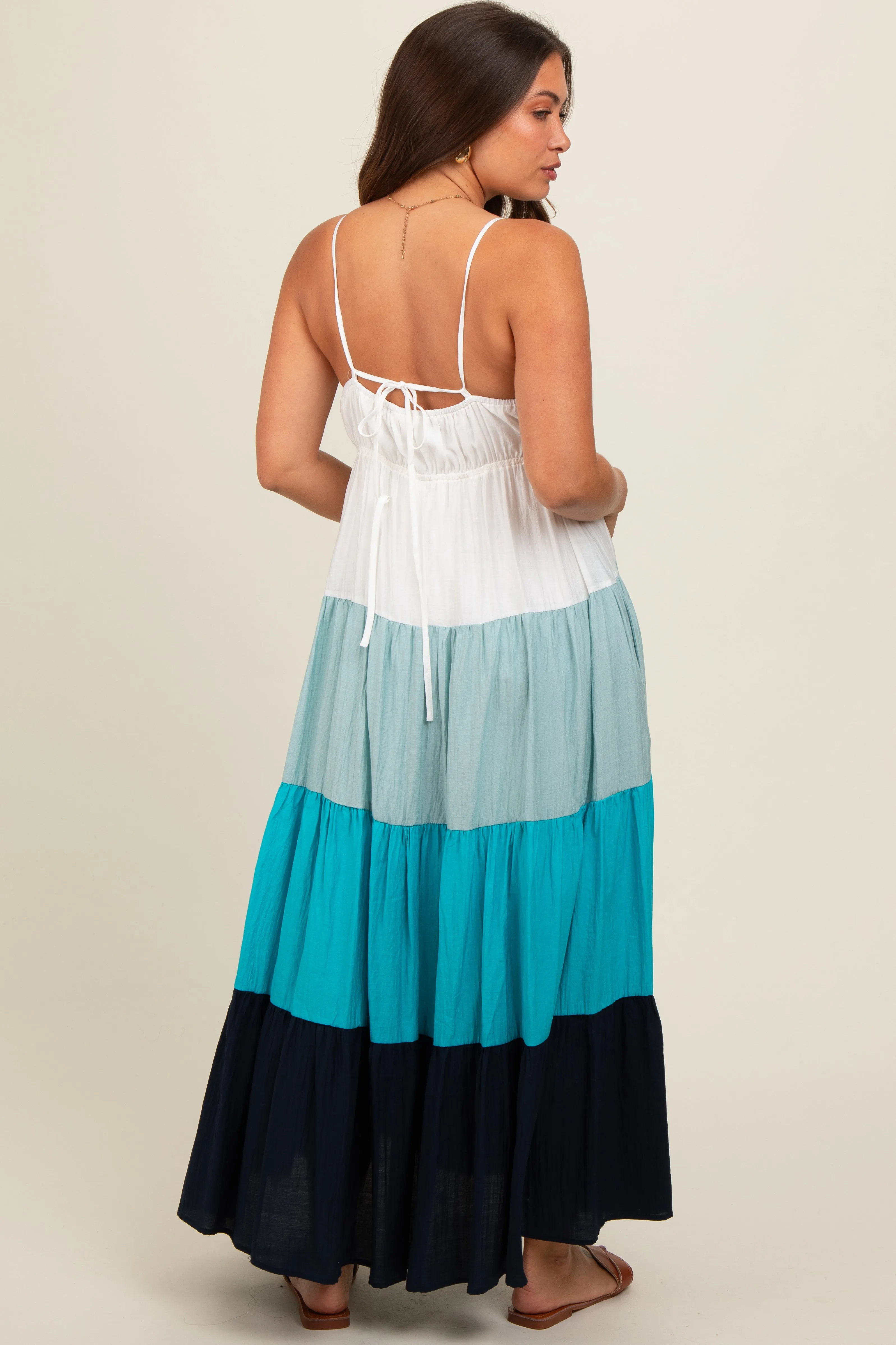 Aqua V-Neck Tiered Color Block Maternity Midi Dress sold by Pinkblush product image thumbnail 4