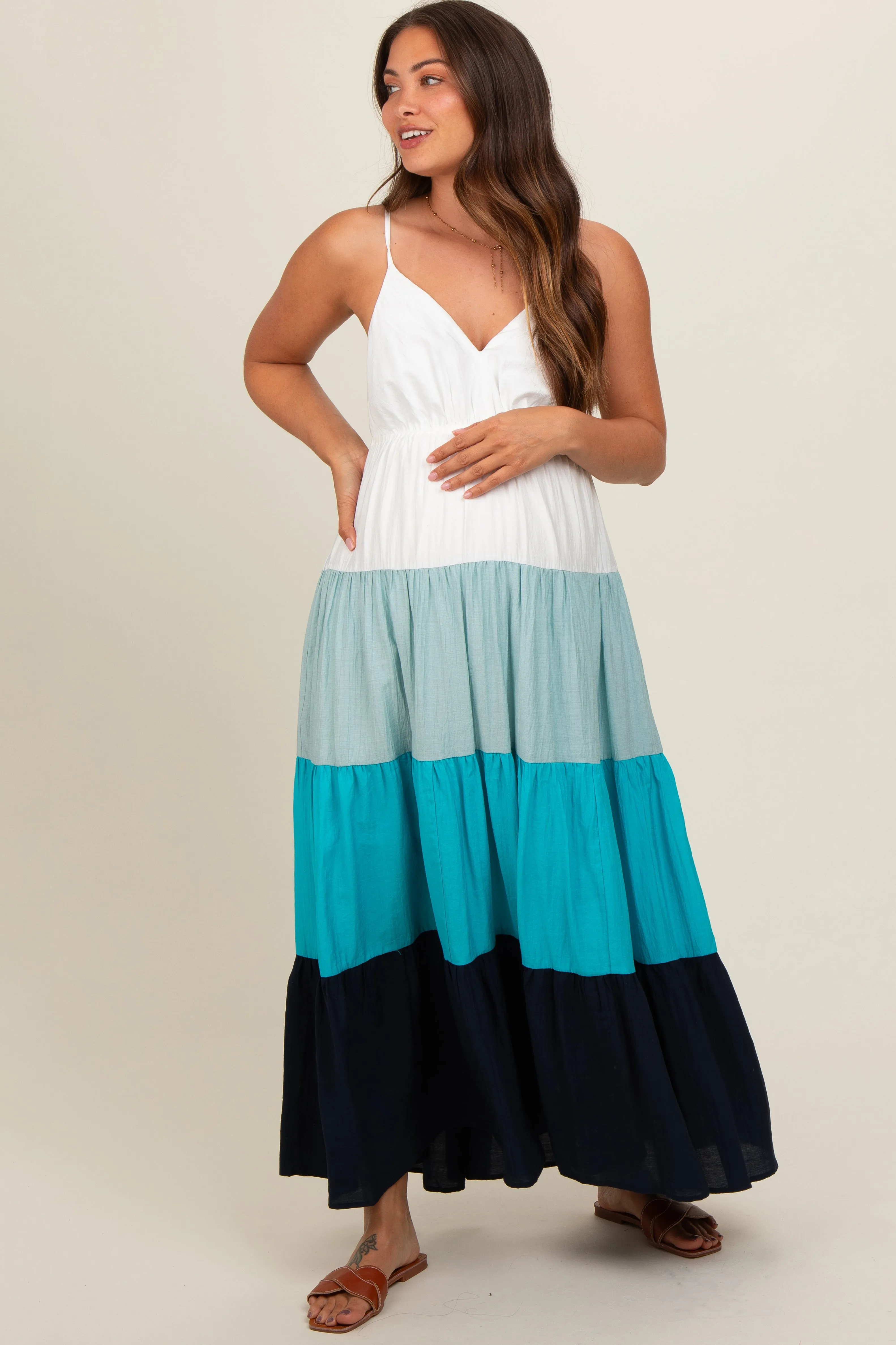 Aqua V-Neck Tiered Color Block Maternity Midi Dress sold by Pinkblush