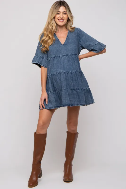 Blue Vintage Wash Tiered Maternity Dress made by BaeVely