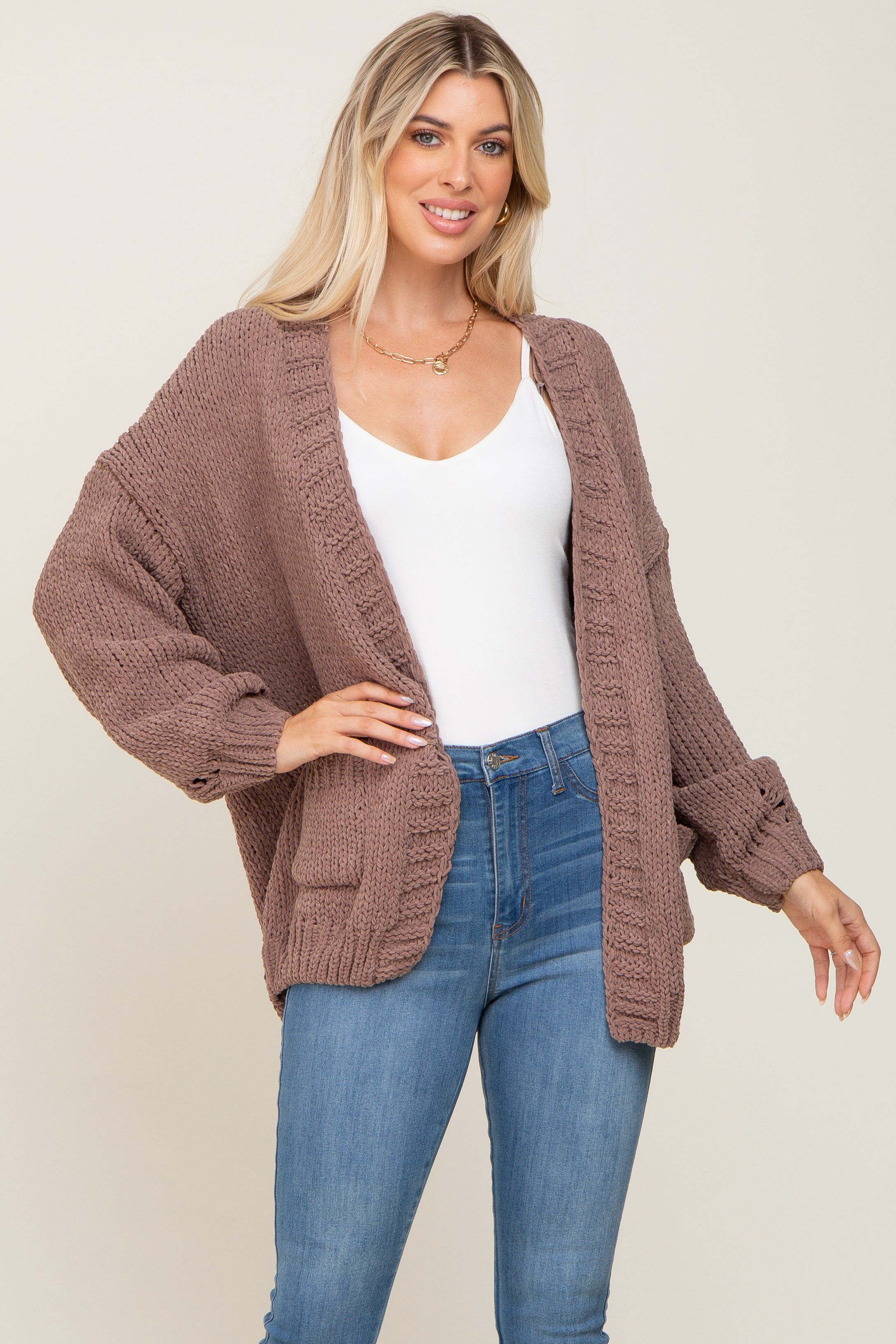Mocha Oversized Bubble Sleeve Maternity Cardigan sold by Pinkblush product image thumbnail 5