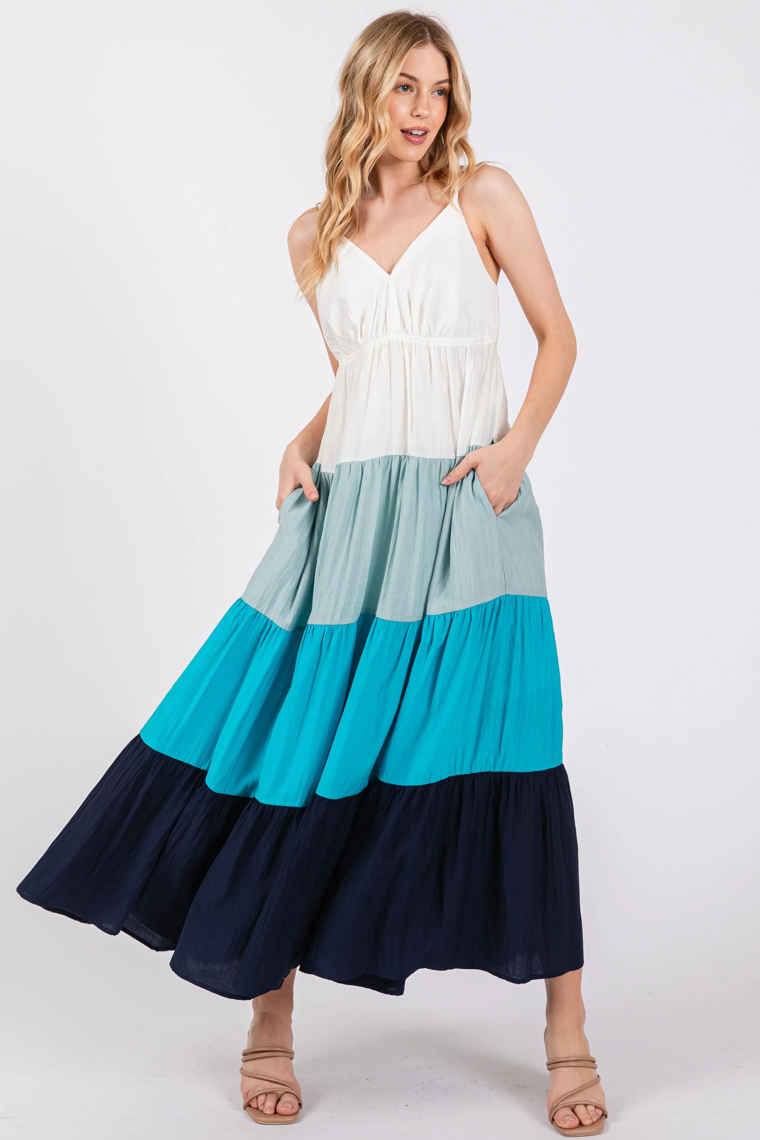 Aqua V-Neck Tiered Color Block Maternity Midi Dress sold by Pinkblush product image thumbnail 5