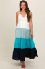 Aqua V-Neck Tiered Color Block Maternity Midi Dress sold by Pinkblush
