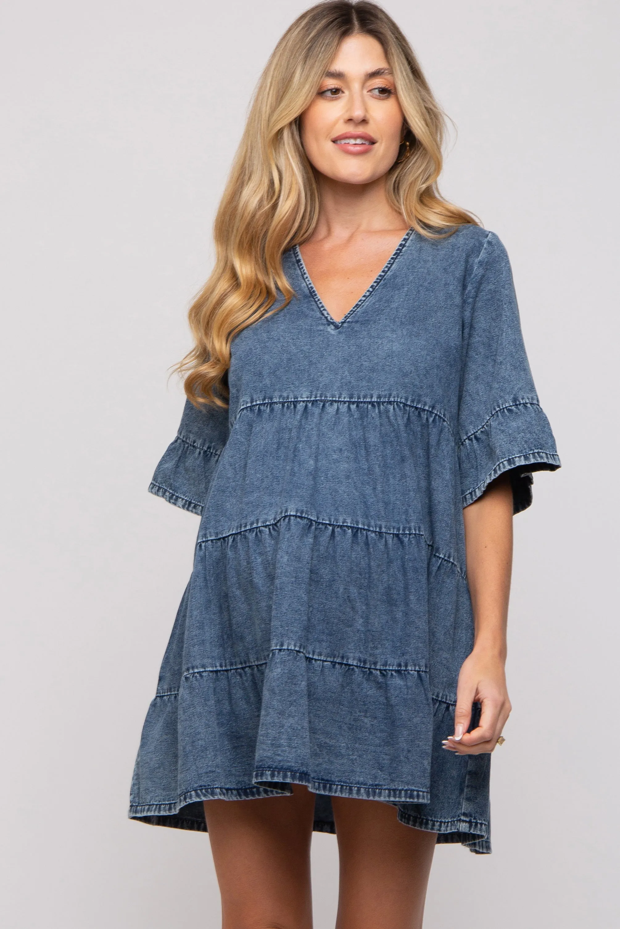 Blue Vintage Wash Tiered Maternity Dress sold by Pinkblush product image thumbnail 2
