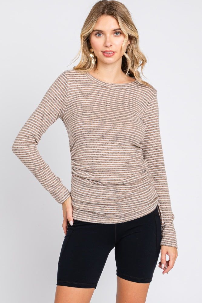 Taupe Striped Brushed Knit Ruched Top sold by Pinkblush